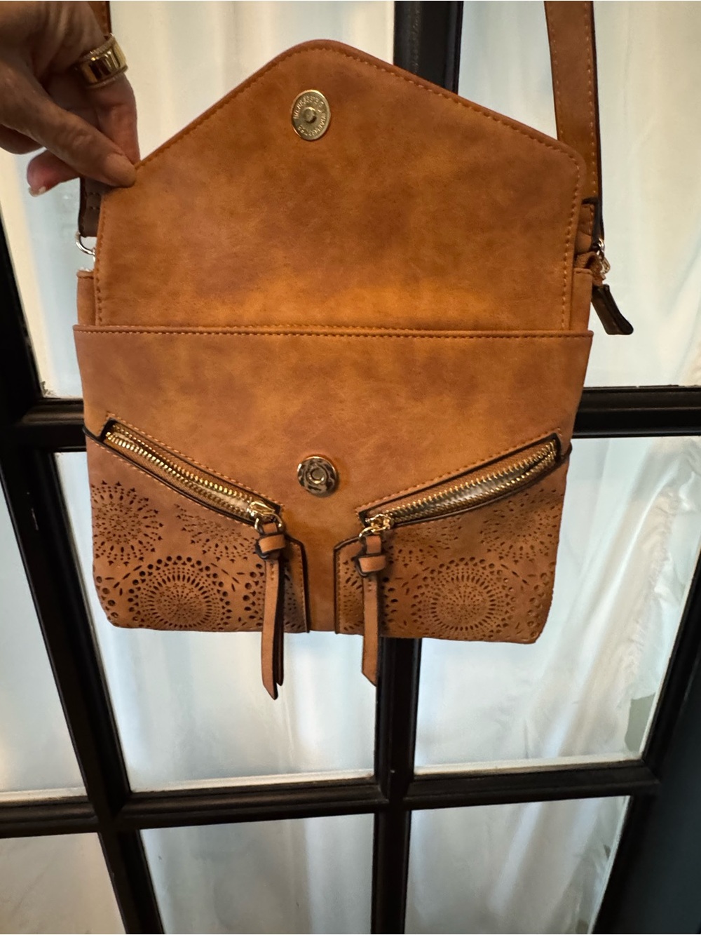 Tan Faux Leather Crossbody Bag with Laser-Cut Detail